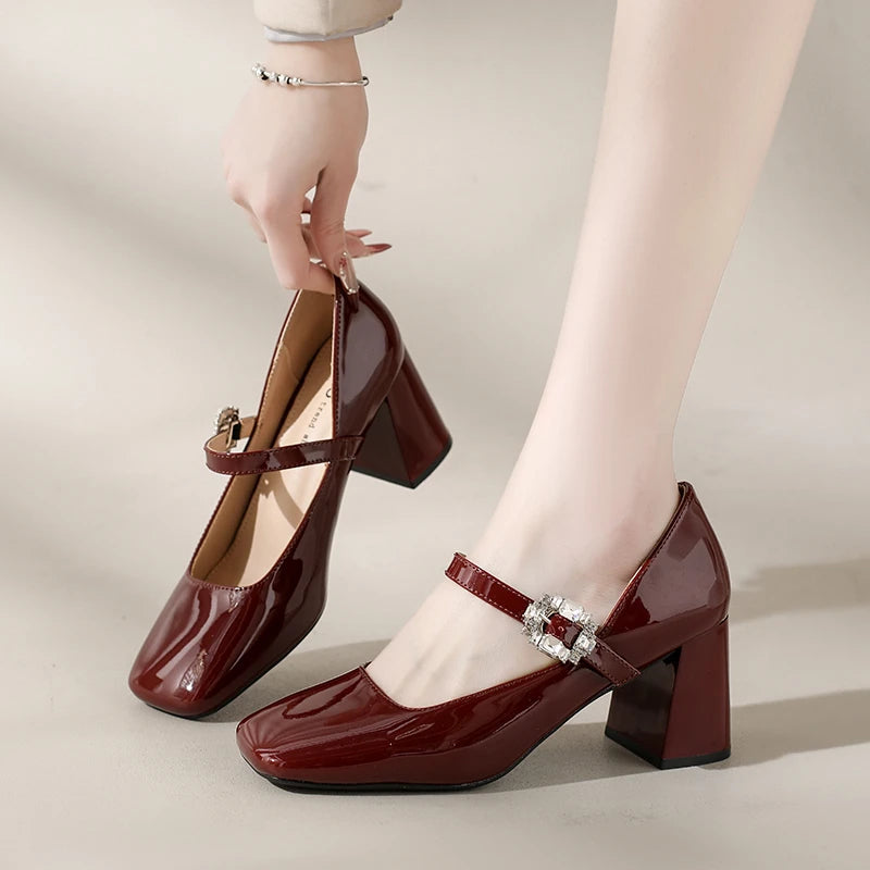 AIERTU  -  Mary Jane Chunky Heel Square Head Simple Single Shoes Women's Patent Leather Strap Diamond Buckle High Heels Spring Autumn Aiertu