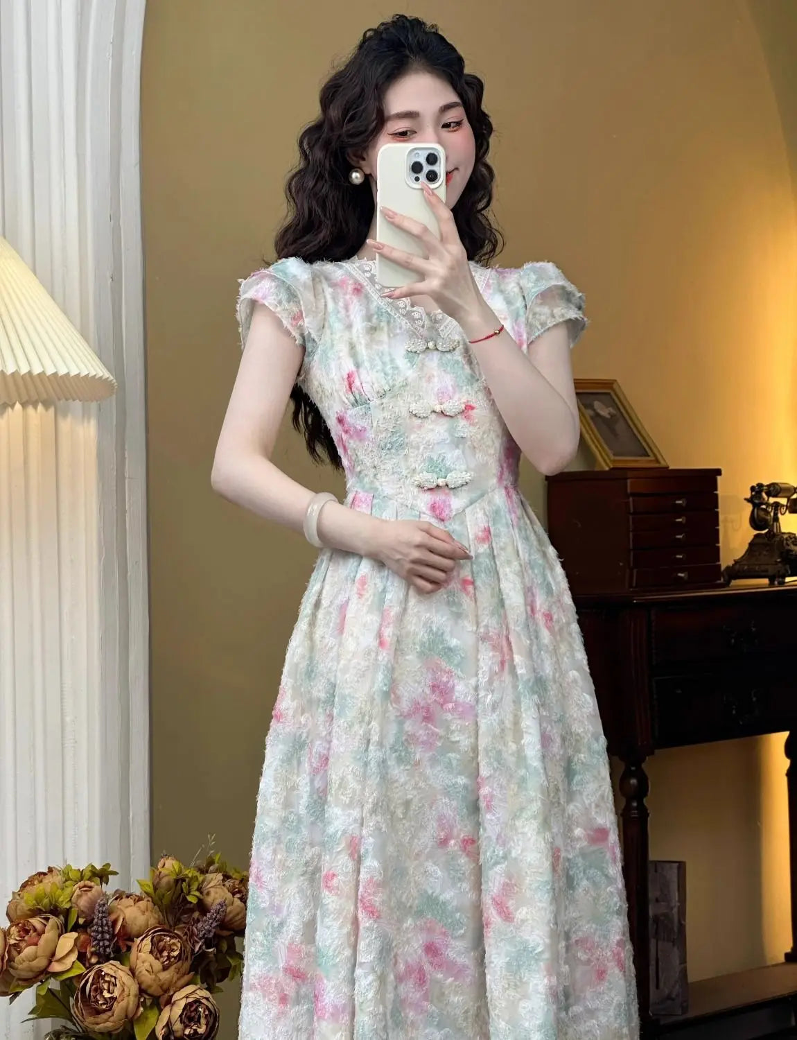 Aiertu Sweet Elegant Long Floral Dress Women Casual Vintage Lace Korean Fairy Dress Female 2024 Summer Beach Luxury Evening Party Dress Aiertu
