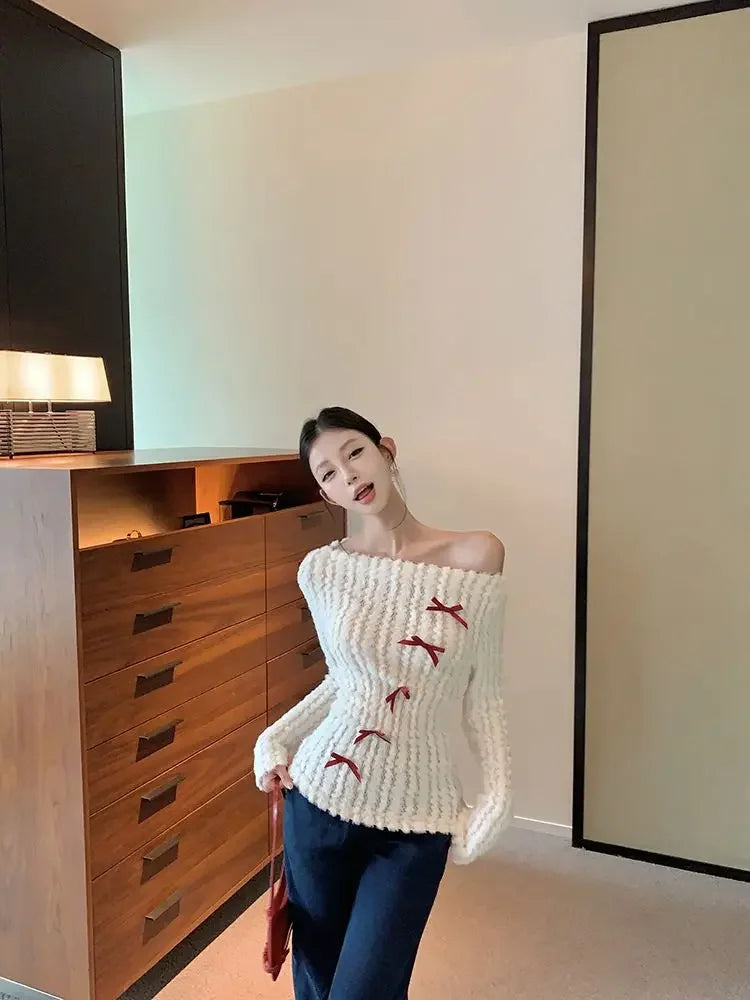 Aiertu Sweet Bow Knitted Pullover Women Off Shoulder Sexy Long Sleeve Sweaters Korean Style Kawaii Autumn Winter Pullovers Aiertu