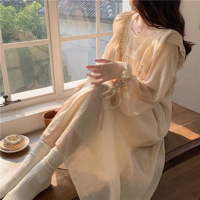AIERTU  -  Long-sleeved Nightdress Women's Spring and Autumn New Sweet Solid Color Lace Lace Ruffle Edge Thin Pajamas Skirt Loungewear Aiertu