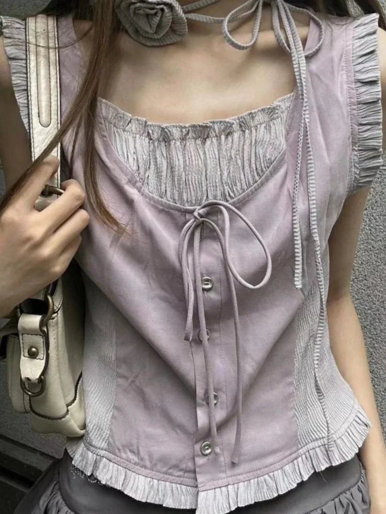 Aiertu Summer Patchwork Contrast Color Tanks Women Harajuku Bandage Sleeveless Tops Fairy Korean Fashion Casual Camisole Y2k Aesthetic Aiertu