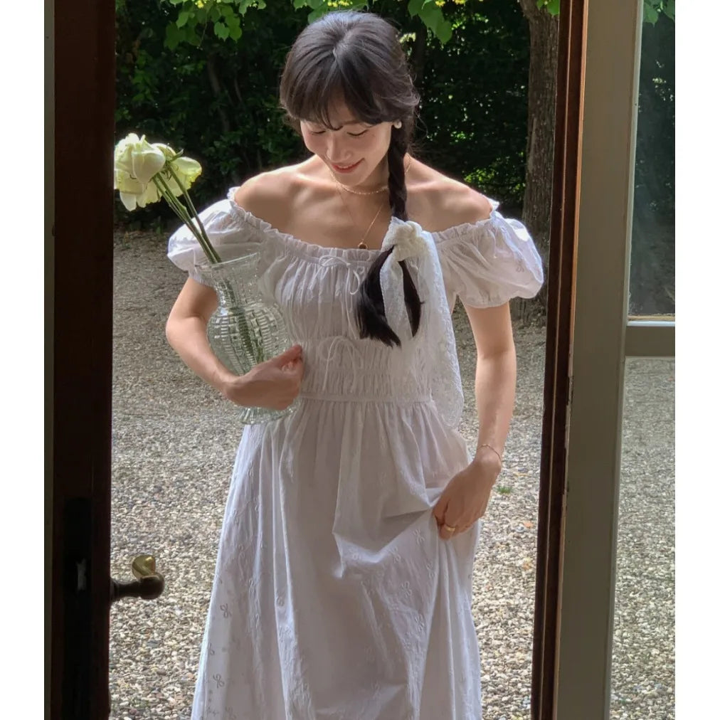 AIERTU  -  Retro Korean Style U-Neck Bubble Sleeve White Dress Women's Summer New Waist Cinched Maxi Freshwater Pearl Dress Aiertu