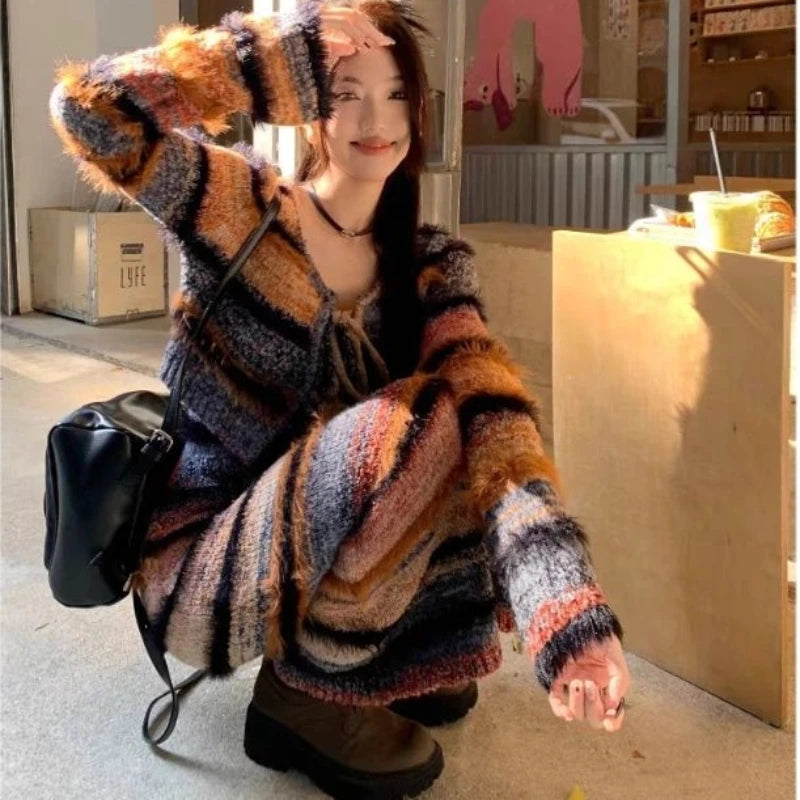 Vintage Striped Gradient Knit Women Set Short Sweater Cardigan Tops Slim Sexy Long Dresses Suit Autumn Winter High Street Outfit Aiertu