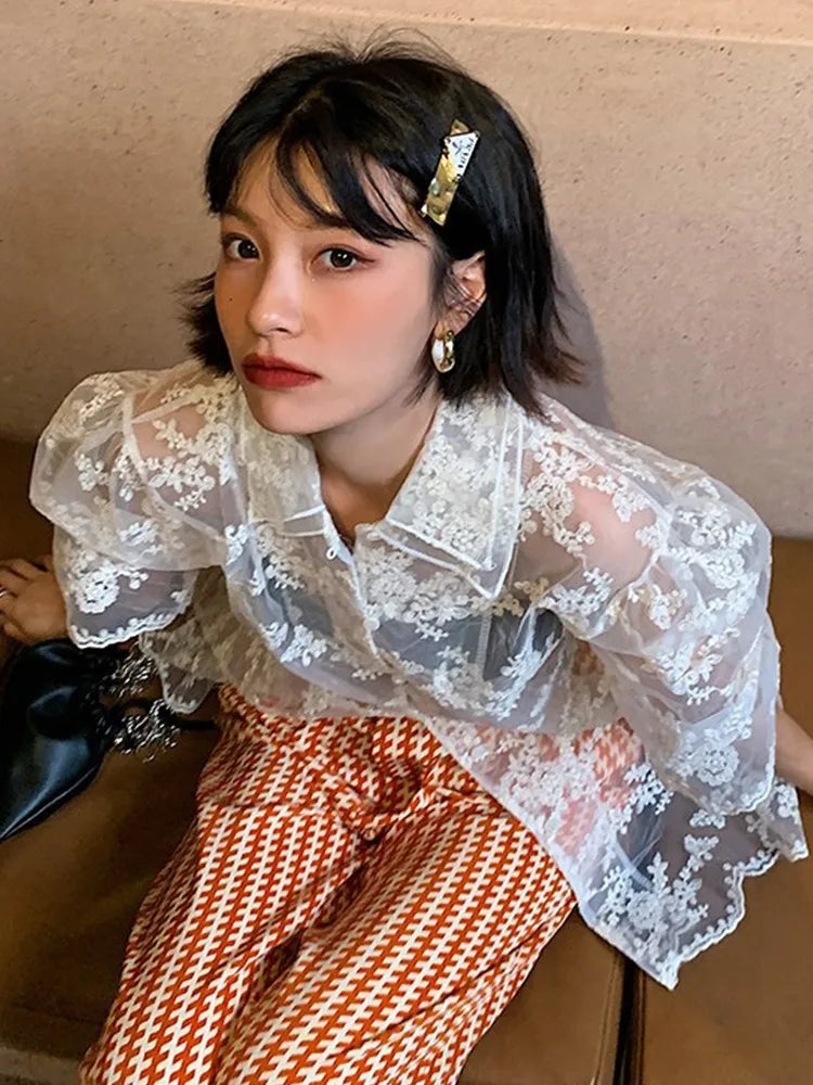Aiertu Puff Sleeve Lace Loose T Shirt Women Summer See Through Short Sleeve Double Collar Design Oversize Embroidery Tops Tees Aiertu