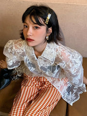 Aiertu Puff Sleeve Lace Loose T Shirt Women Summer See Through Short Sleeve Double Collar Design Oversize Embroidery Tops Tees Aiertu