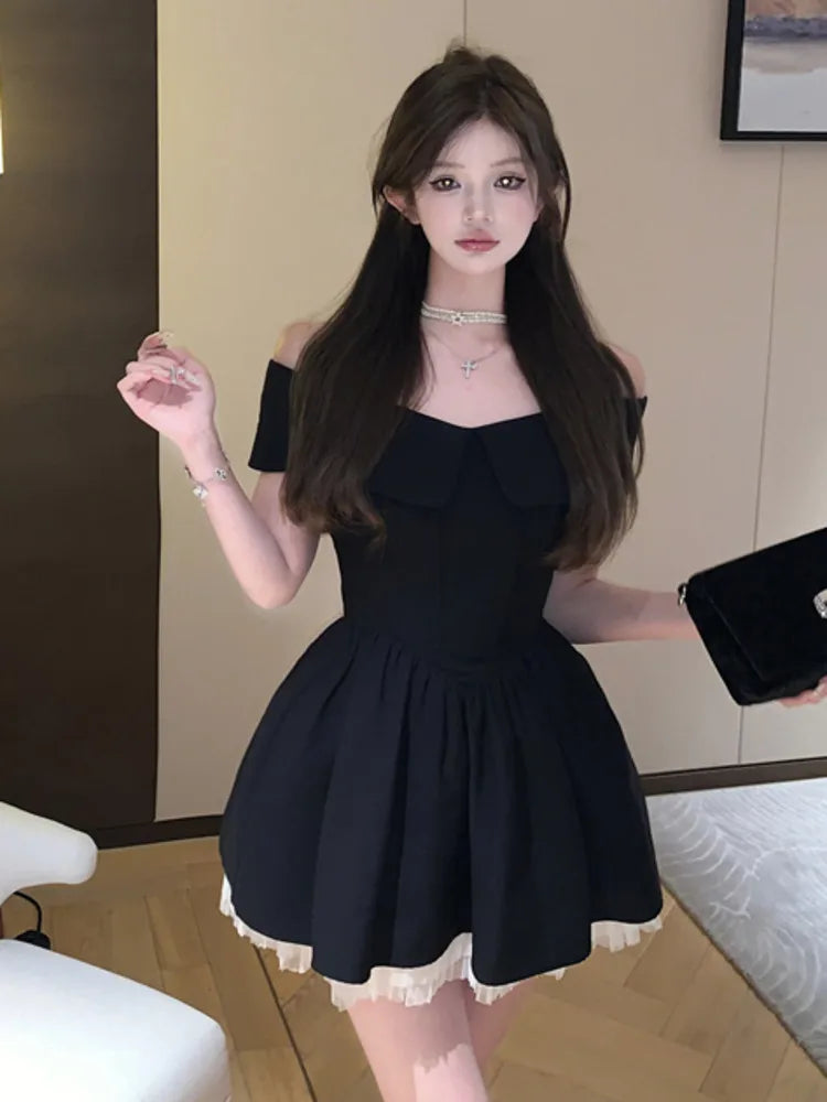 Aiertu DRESS TO IMPRESS French Hepburn Elegant Lady Mini Evening Party Dress Mesh Stitching A Line Summer Dresses For Women Off Shoulder Slim Sexy Dress aiertu