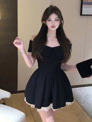 Aiertu DRESS TO IMPRESS French Hepburn Elegant Lady Mini Evening Party Dress Mesh Stitching A Line Summer Dresses For Women Off Shoulder Slim Sexy Dress aiertu