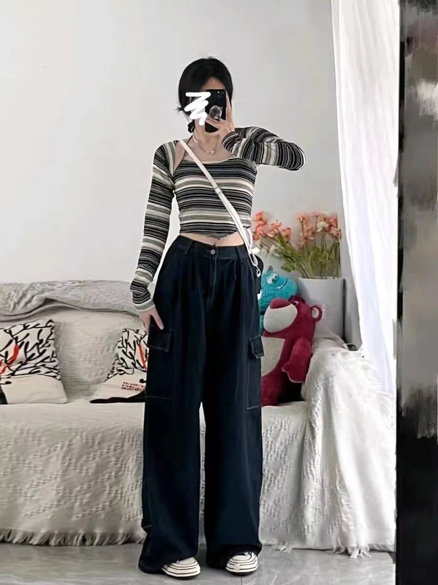 Aiertu Autumn Women Harajuku Cargo Baggy Blue Jeans Streetwear Hip Hop Oversize Casual Wide Leg Vintage Demin Pants Y2k Loose Trousers Aiertu