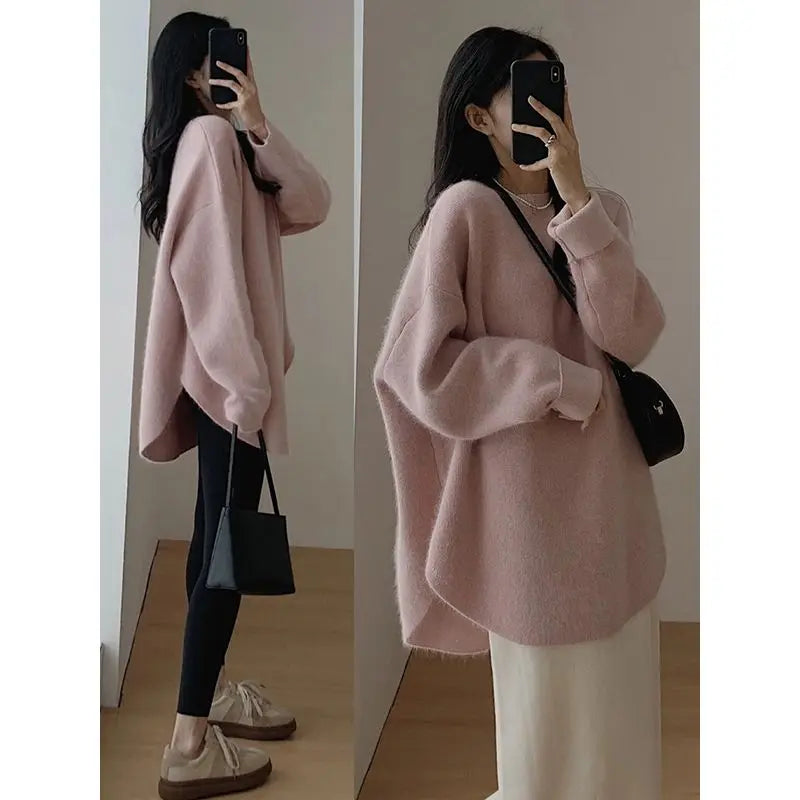 Spring Women New Korean Sweater Loose Knitting Warm Round Neck Falling Shoulder Sleeves Long Sleeved Solid Color All-match Tops Aiertu