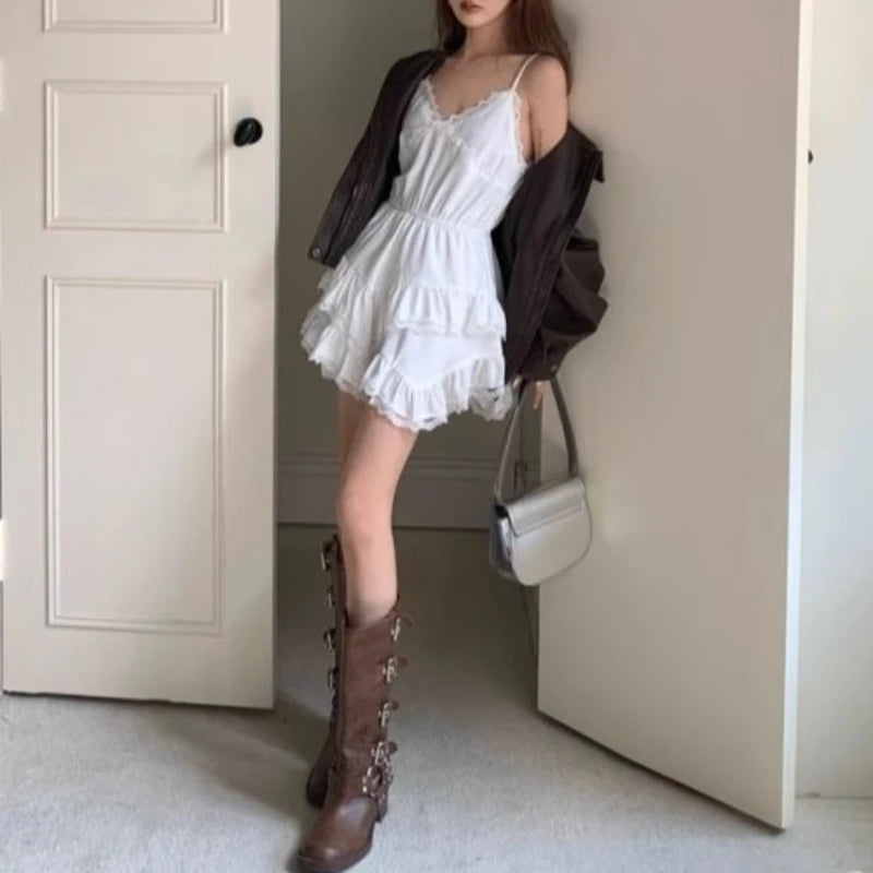 Aiertu Sweet Lace Mini Coquette Aesthetic Dress Women Korean Sexy One Piece Short Sleeveless Elegant Party Dresses Y2k Aiertu