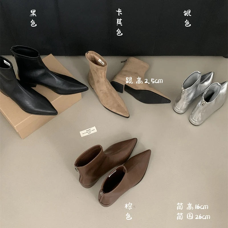 Ankle Boots Women Chunky Heels Pointed Toe Winter Shoes Women Flat Short Boot Brand Zipper Chelsea Booties Zapatillas Mujer Aiertu