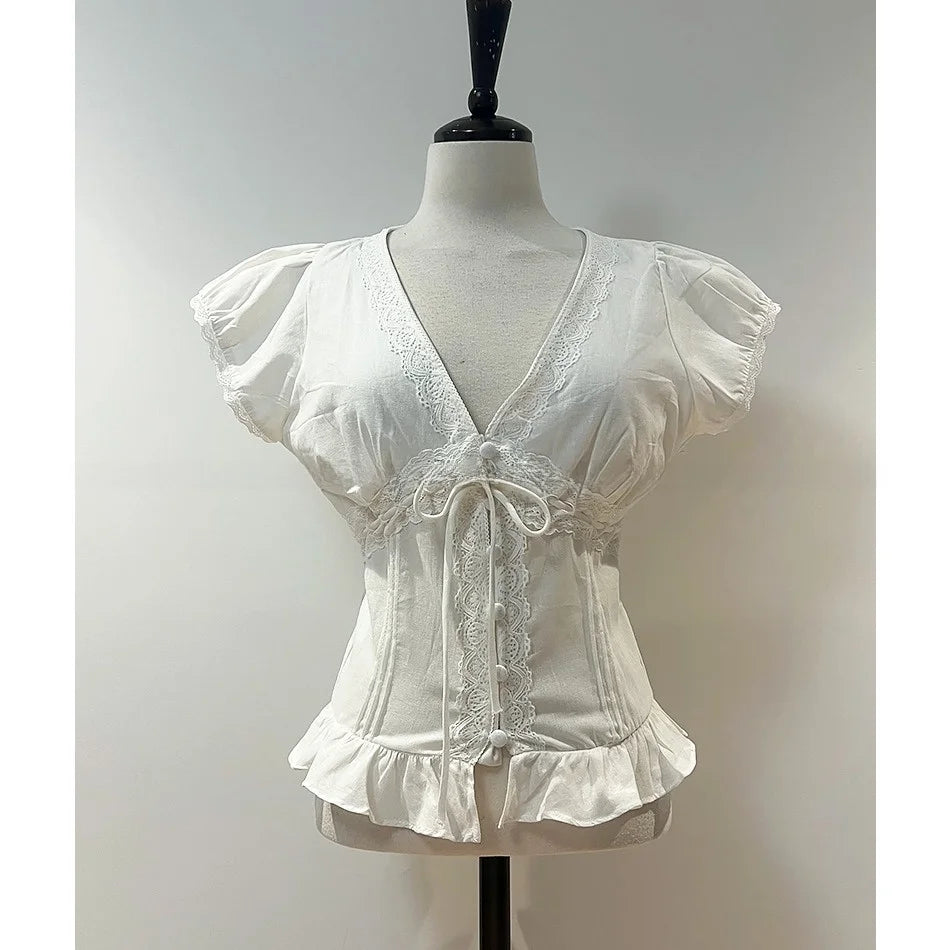 AIERTU  -  Fashionable Korean Style Splice Lace Trim Slim Fit Short Sleeve Top Women's Shirt Versatile Style Summer Deformation Aiertu