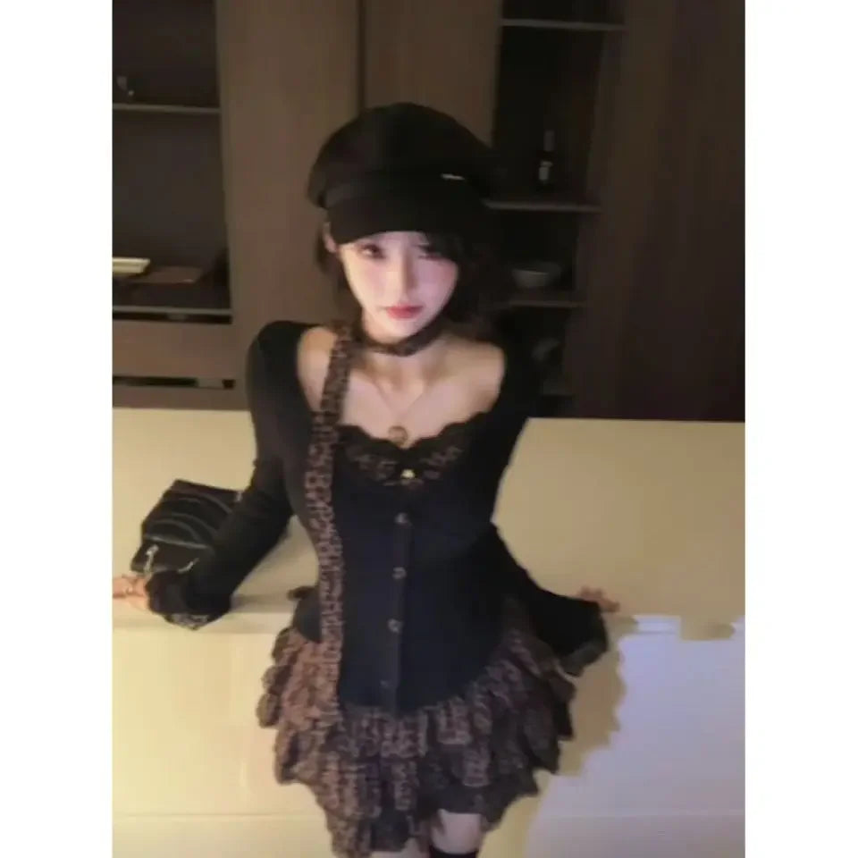 Aiertu Leopard Vintage Suits Women Design Elegant Y2k Thin Sweater Pullover + Mini Skirts Casual 2000s Clothing 2 Piece Skirt Sets Chic Aiertu