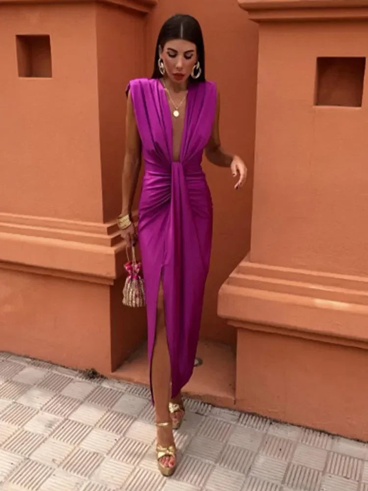 Aiertu Sexy Deep V Neck Pleated Split Dresses Women Chic Sleeveless Slim Midi Vestidos 2024 Summer Elegant Female Evening Party Robes Aiertu