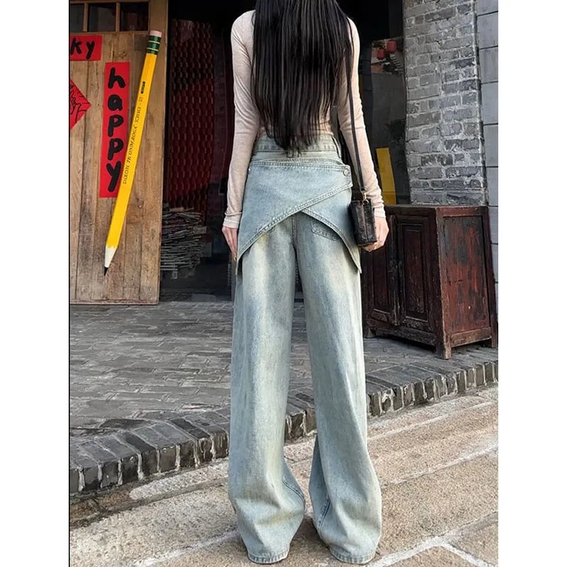 Aiertu Women's Blue Baggy Y2k Jeans Vintage 90s Aesthetic Patchwork Cowboy Pants Harajuku Denim Trouser Streetwear 2000s Trashy Clothes Aiertu