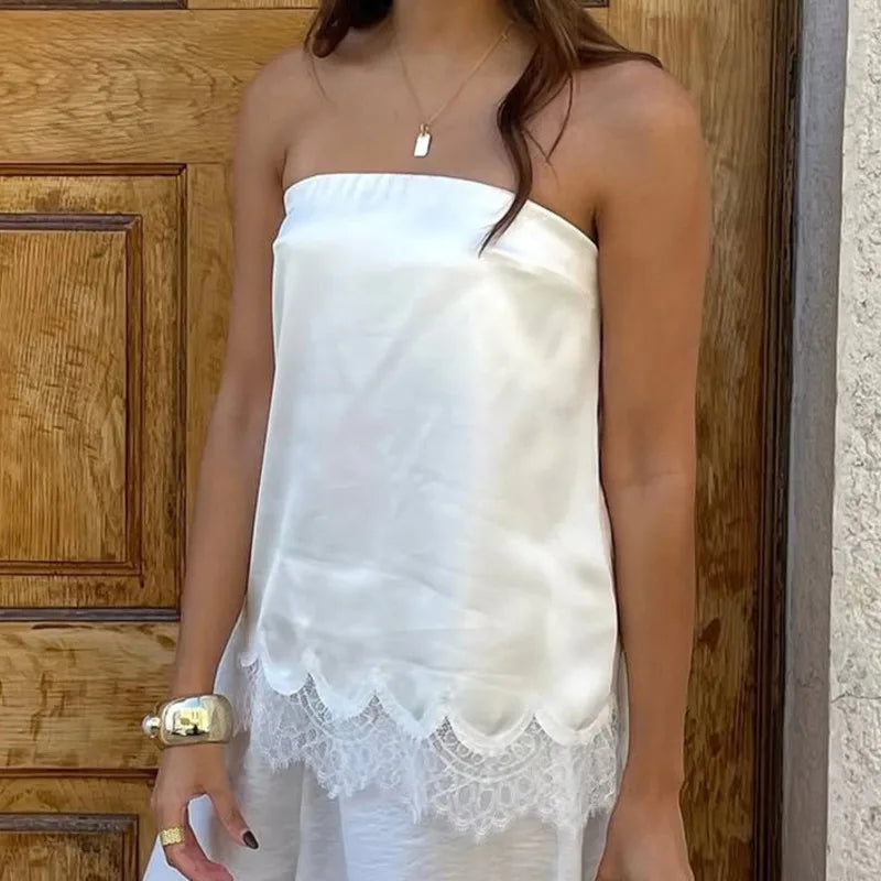 AIERTU  -  Sexy Strapless Satin Vest Irregular Lace Women's Top Summer Solid Color Loose Comfortable Lazy Daily Leisure Commuting White Top Aiertu