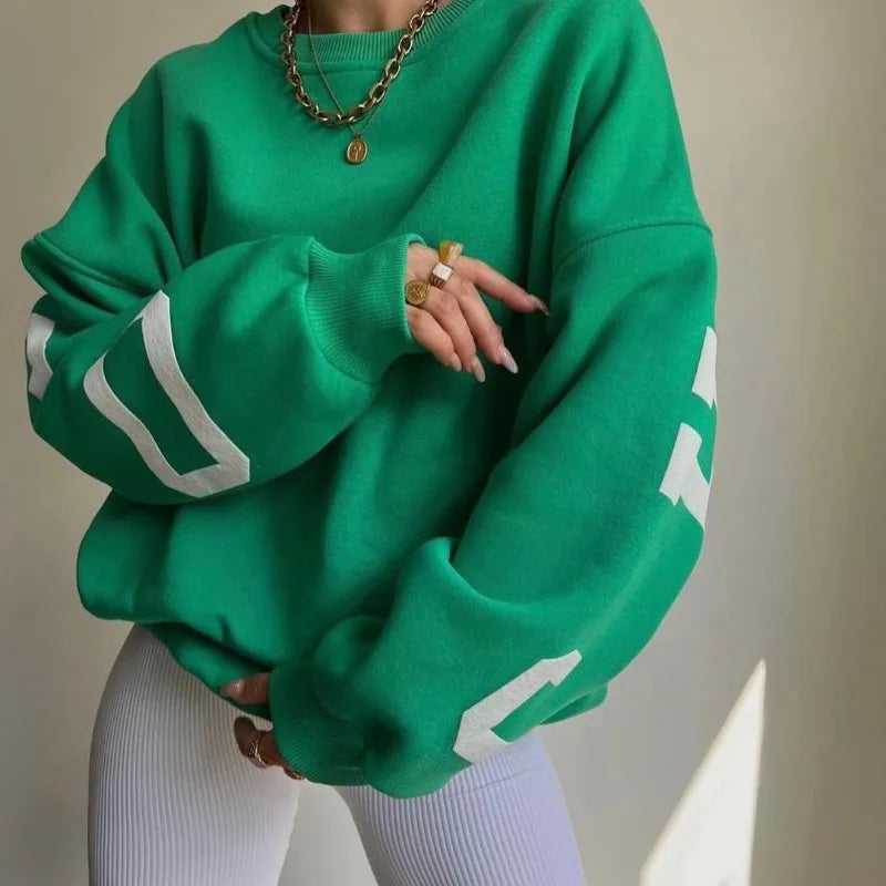 Aiertu Autumn and Winter Women's Pullover Round Neck Loose Letter Print Screw Thread Long Sleeve Underlay Fashion Casual Commuter Tops Aiertu