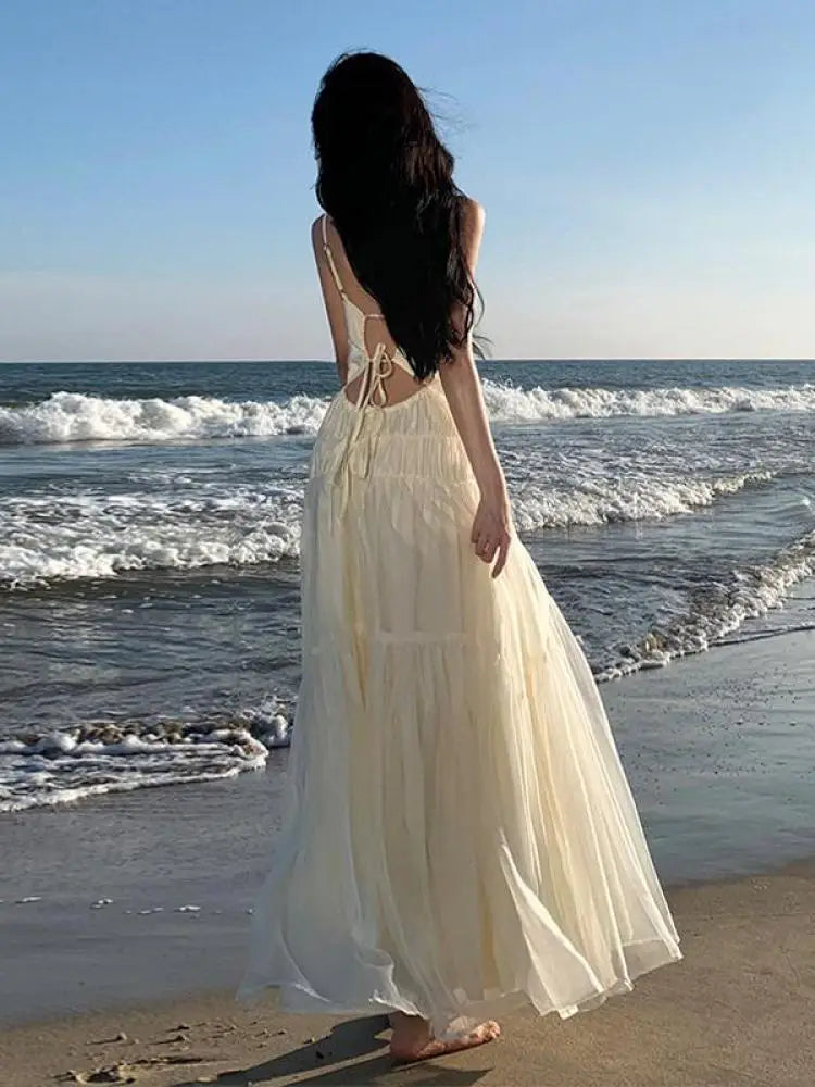 Aiertu Summer Beige Sexy Club Backless Women Elegant Pleated Slip Dress V-neck Slim Lace Up Sleeveless Evening Party Fairy Long Dresses Aiertu