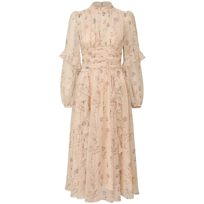 AIERTU  -  Women Long Sleeved Dress A-line Floral Print Pattern Pleated Semi High Neck Elastic Bubble Sleeves Ruffle Edge Design Long Dress Aiertu