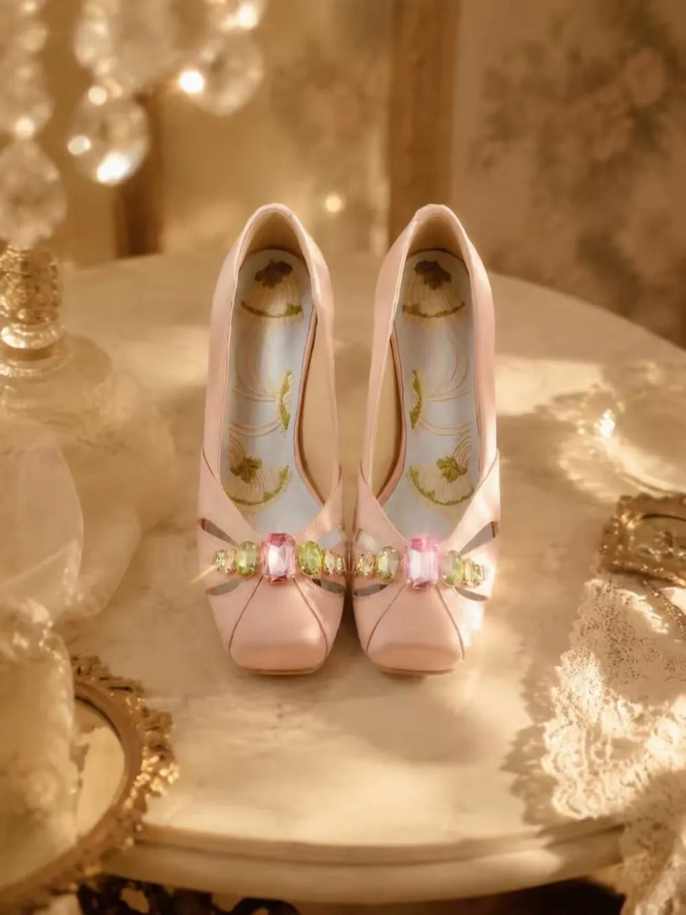AIERTU  -  Women Pink Satin High Heel Pumps Elegant Square Toe Sparkling Rhinestone Gem Decor Cutout Design Stiletto Heels Footwear Aiertu