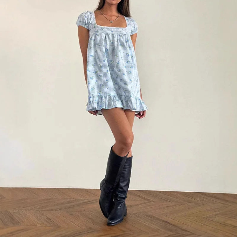AIERTU  -  Summer Fashion Floral Print Puff Sleeves Square Collar Casual Dress for Women Aiertu