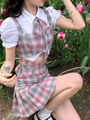 Aiertu Summer Sexy Two Piece Skirt Set Women Patchwork Plaid Korean Fashion Skirt Suit Female Casual Japanese Party Mini Skirt Set 2024 Aiertu