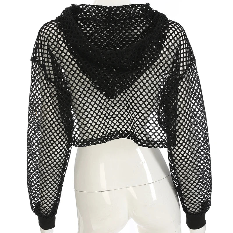 Aiertu  Street Style Fishnet Holes T Shirt See Through Hollow Out Hooded Full Sleeve Crop Top Women Casual Loose Shirt Smock Fall Aiertu