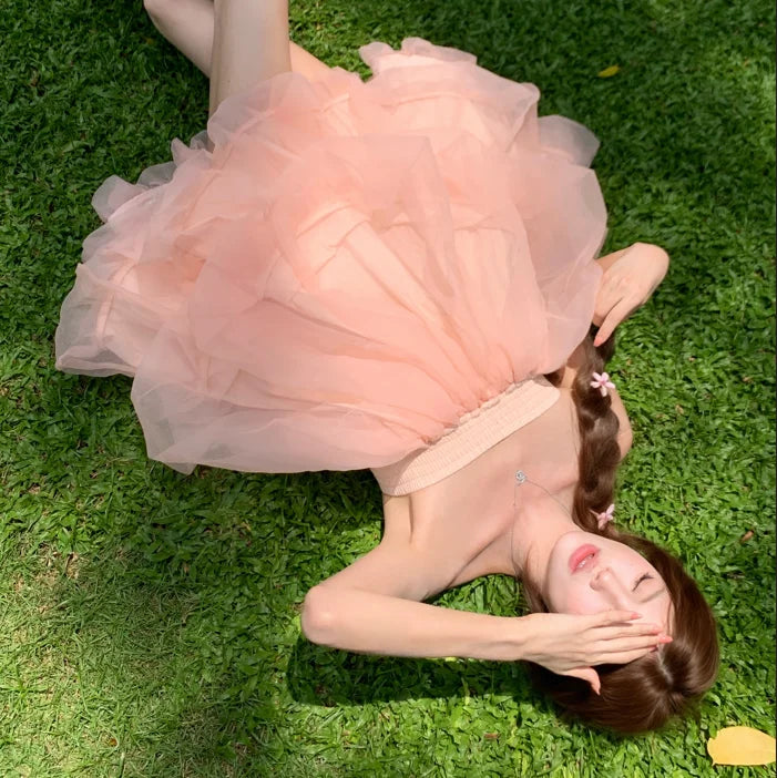 AIERTU  -  Summer French Fashion Fairy Mini Dress Women's Sleeveless Strapless Tulle Bubble Puffy Dress Elegant Chic Princess Party Dress Aiertu