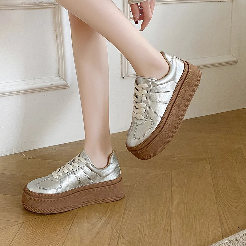 Aiertu 5cm Synthetic Leather Women Vulcanized High Brand Chunky Sneaker Casual Stable Shoes Platform Wedge Skate Boarding Shoes Aiertu