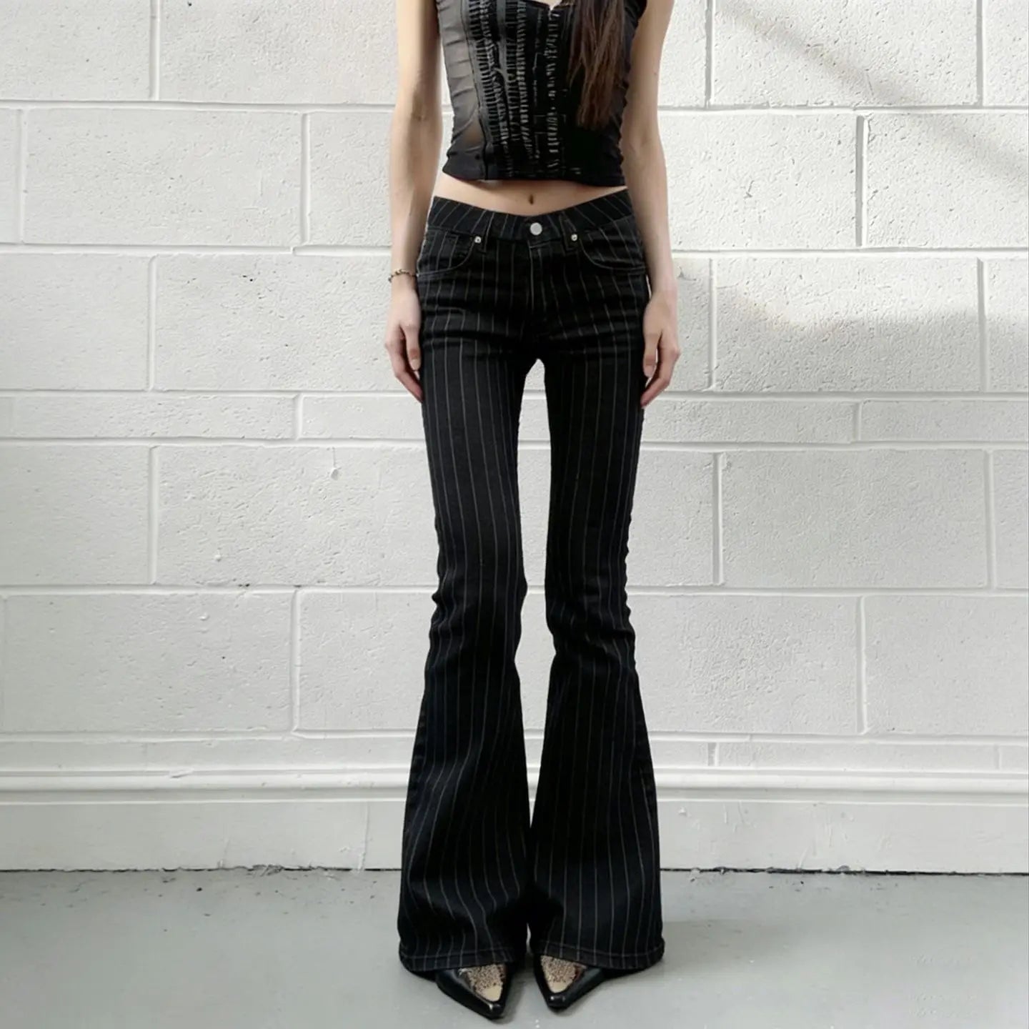 AIERTU  -  Low Waist Vintage Stripe Flare Jeans Women Casual Patterned Slimming Bell Bottom Trousers Faionable Cotton Stretch Denim Pants Aiertu