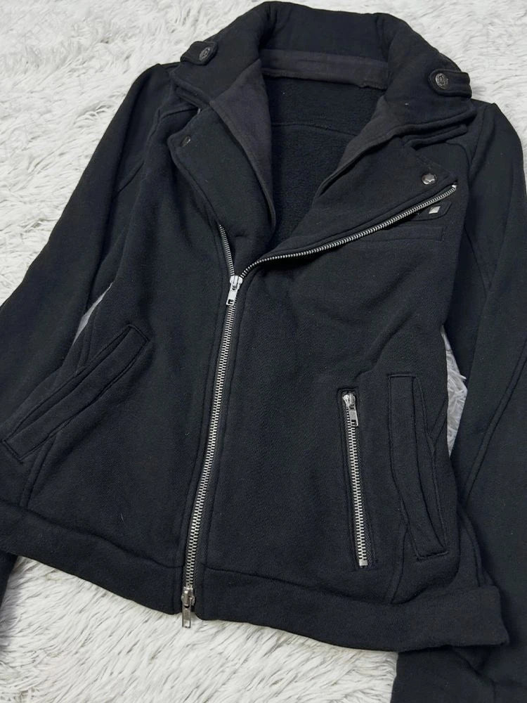 AIERTU  -  Subcultural Vintage Design Sense Wearing Metal Zipper Semi High Neck Jacket Slim Fit Women In Autumn Fashionable Jackets Coats Aiertu