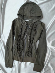 AIERTU  -  Early Autumn American Retro Hoodies Vintage Gray Military Green Distressed Long sleeved Coats Thin Jacket  Ruffled Edge Hoodies Aiertu