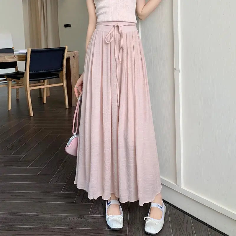 Aiertu Women Elegant High Waist Maxi Lace Up Skirt Summer Ladies Casual Elastic Waist Pleated Long Skirts Fairy A-line Mid Length Aiertu