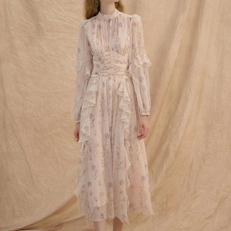 AIERTU  -  Women Long Sleeved Dress A-line Floral Print Pattern Pleated Semi High Neck Elastic Bubble Sleeves Ruffle Edge Design Long Dress Aiertu