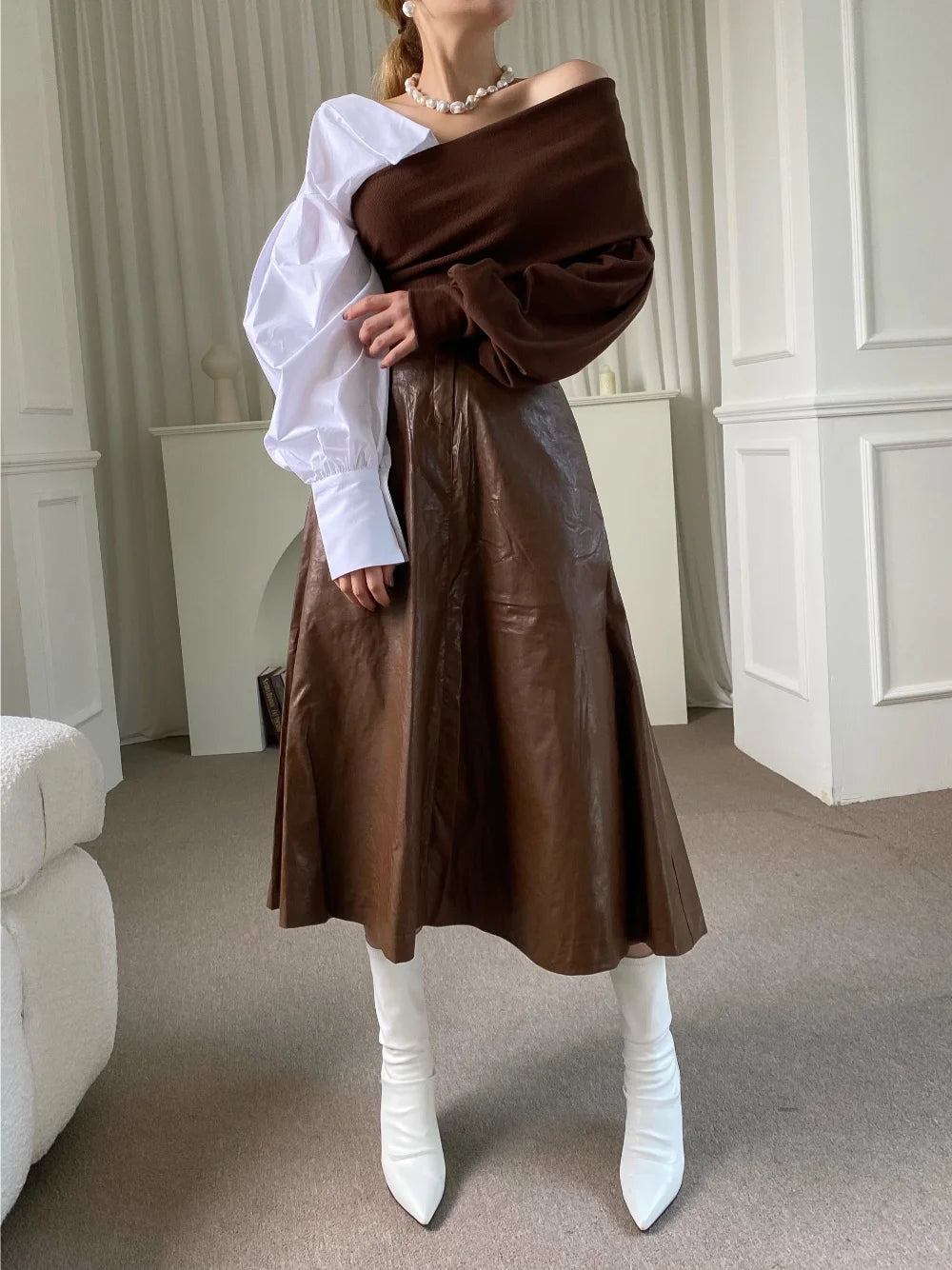 Aiertu V-neck Long Sleeve Contrasting Color Queen 2024 Spring new Loose Top Korean Chic Ladies Sweater Off-the-shoulder clothing Aiertu