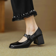 Women Pumps Thick Heels Spring Patent Leather Mary Janes Genuine Leather Round Toe Buckle Strap Retro Office Lady Shoes Woman Aiertu