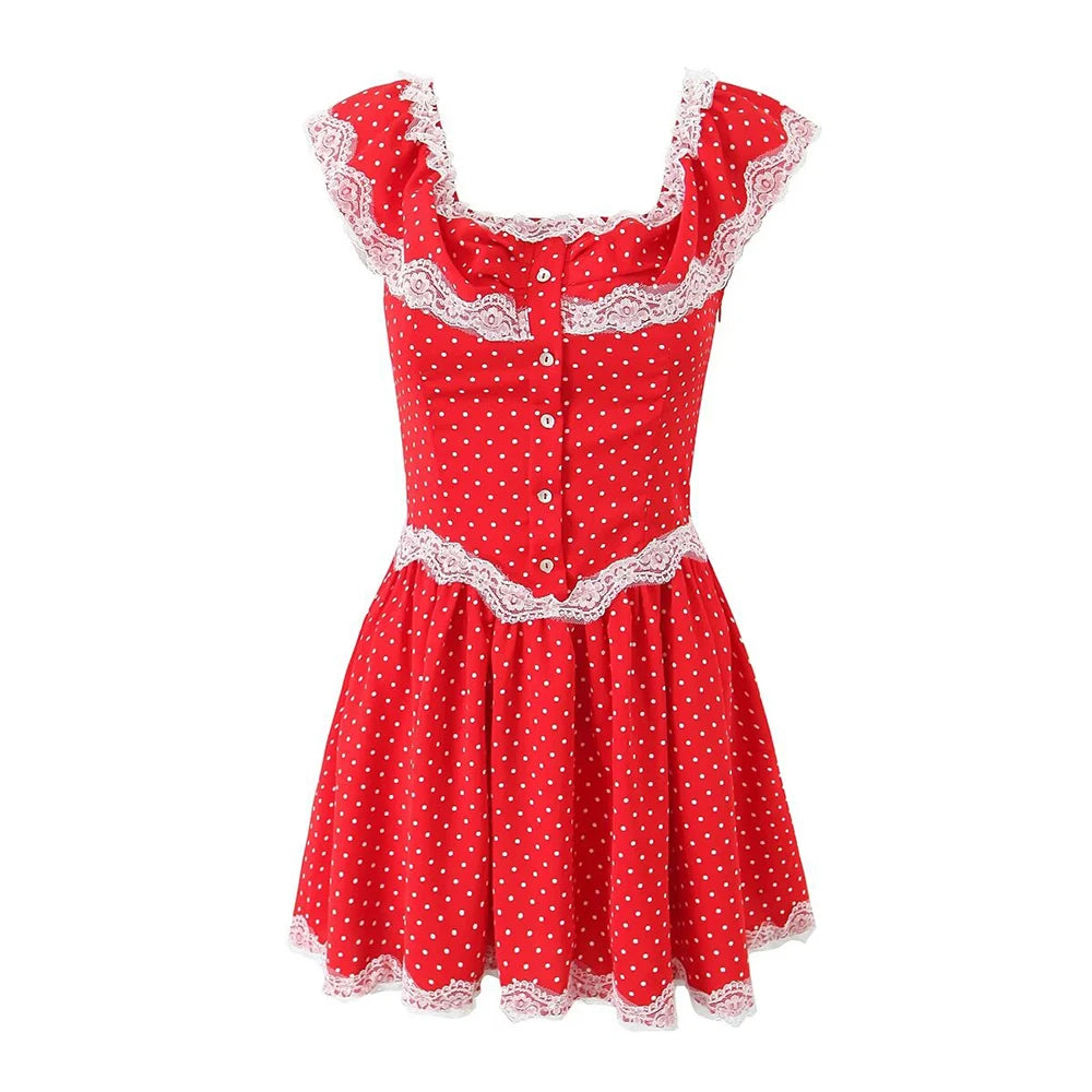 Aiertu-2024 Women's French vintage single-breasted lace ruffle one-shoulder dress. summer. new style. Chic mini skirt. Aiertu