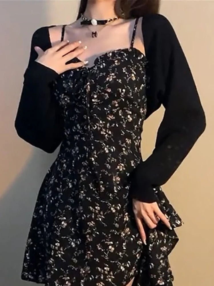 Aiertu Coquette Floral Flower Print Black Slip Mini Dress Women 2024 Vintage Elegant Beach Casual Party Short Dresses Summer Aiertu