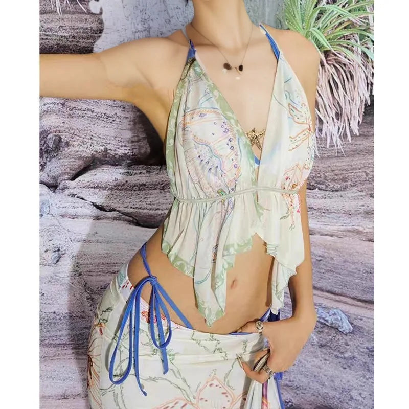AIERTU  -  Floral Plant Printed Bikini Set Women's Slim-fit Fashion Lace Up Sexy Perspective Backless Holiday Beach Dopamine Style Dress Aiertu