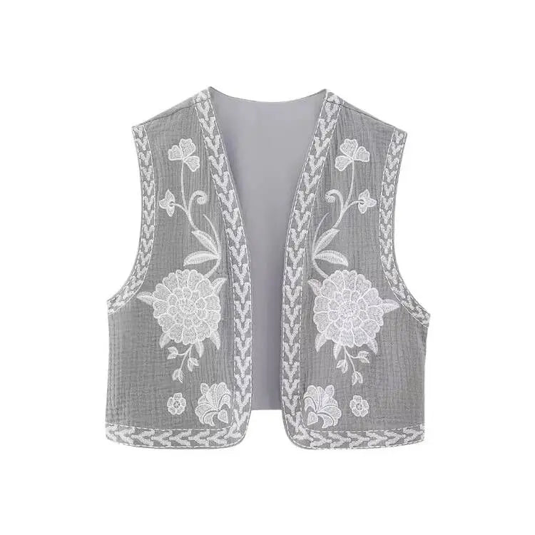 Aiertu Women Vintage Floral Embroidered Open WaistCoat Ladies National Style Vest Jacket Outfits Casual Vacation Crop Top Aiertu