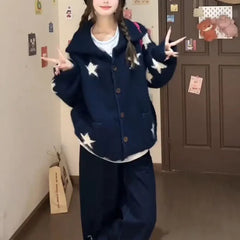 AIERTU  -  Korean Style Star Sweater Cardigan Knit Autumn Winter Lazy Style Loose New Lapel Coat Fashion High End Niche Women Aiertu