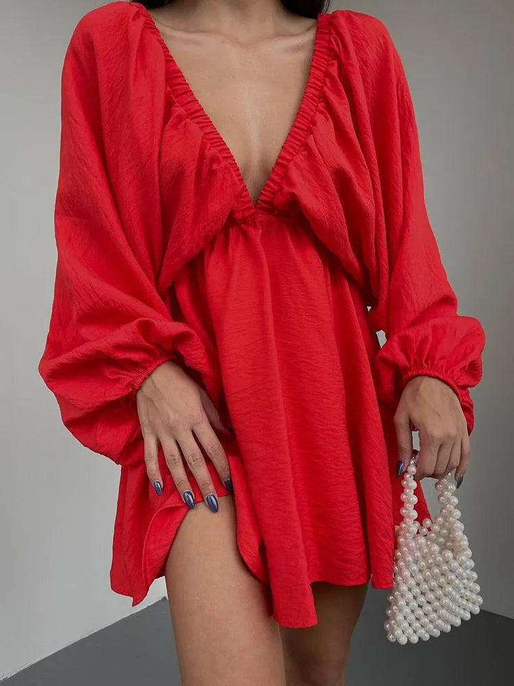 Aiertu Summer 11 Candy Color Long Sleeve Dresses Women Tourism vacation Deep V Neck Women Summer Boho Dresses Aiertu
