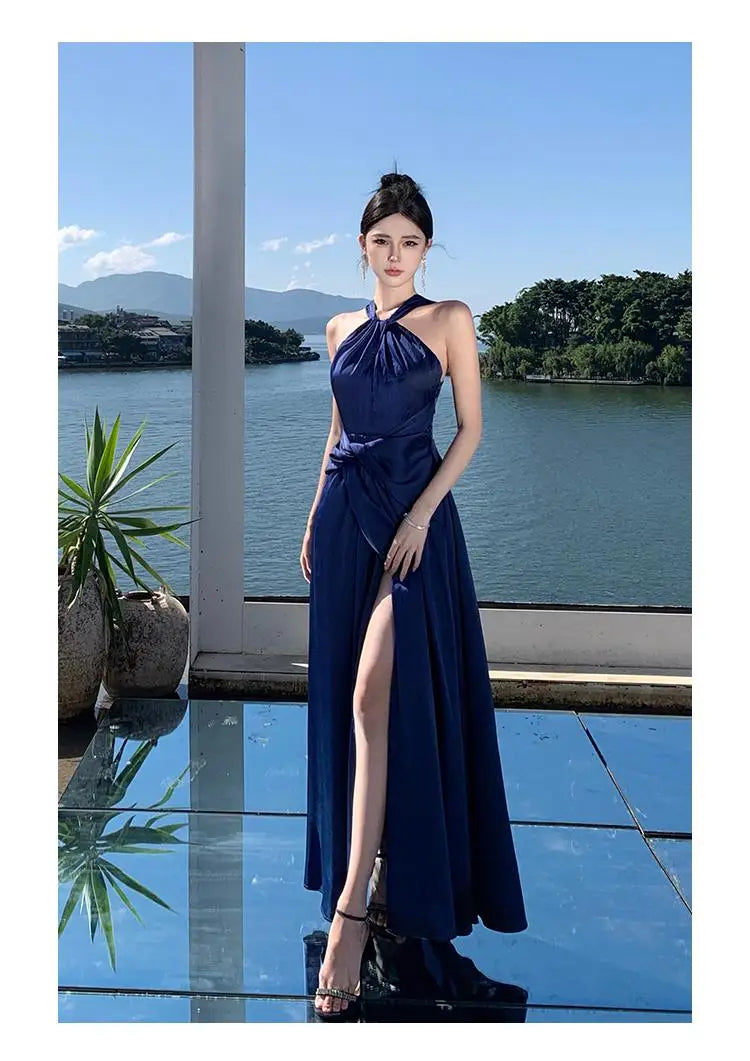 Aiertu Blue Slim Halter Backless High Split Maxi Dress Woman Elegant Pleated Sexy Birthday Party Evening Long Dress Summer Fashion Aiertu