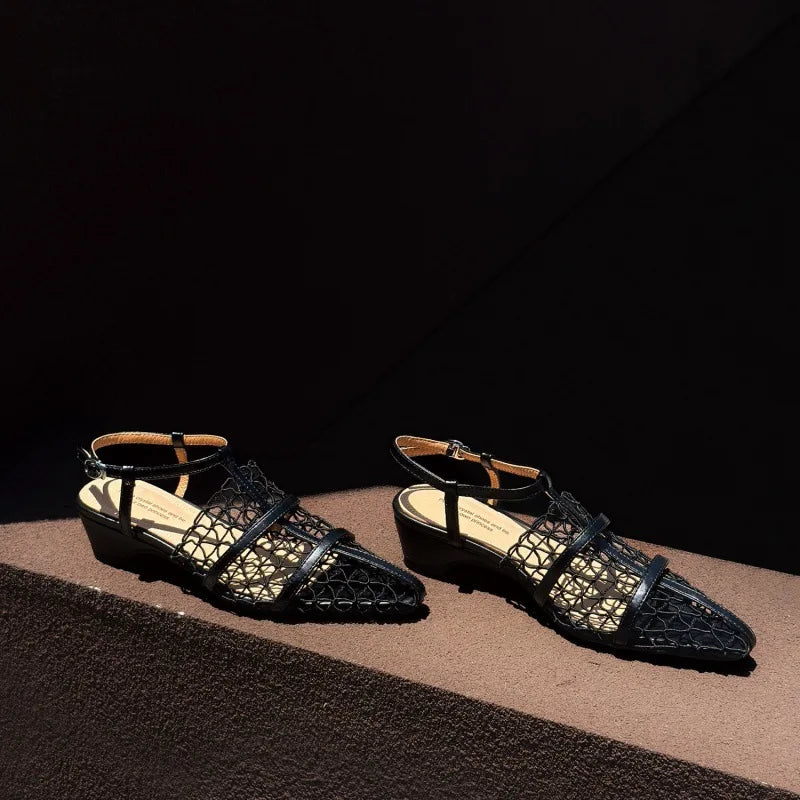 AIERTU  -  Summer New Vintage Hollow Woven Low Heel Sandals Women Elegant Pointed Toe Block Heel Strap Casual Shoes Aiertu