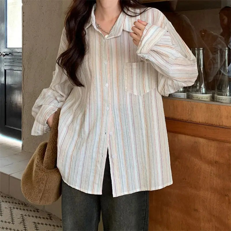 Aiertu Vintage Striped Shirt Women Fashion Elegant Long Sleeve Turn Down Collar Loose Tops Korean Office Ladies Thin Chic Casual Blouse Aiertu