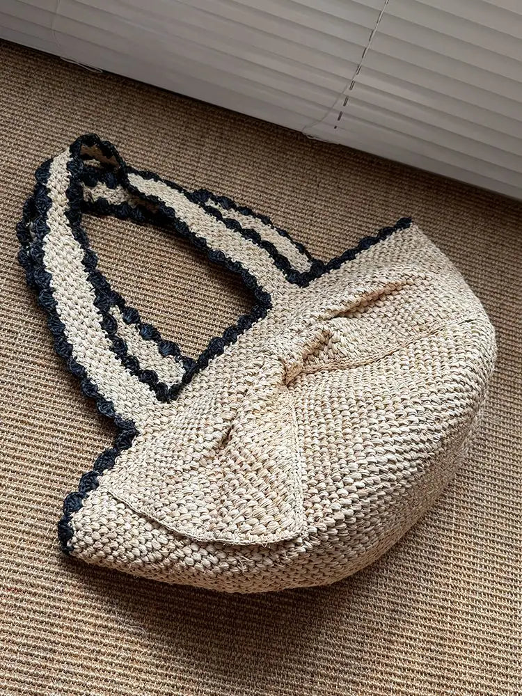 AIERTU  -  Korean Style Sweet Grass Woven Bow Bags Women's Beach Vacation Single Shoulder Hand-held Beach Bag Aiertu