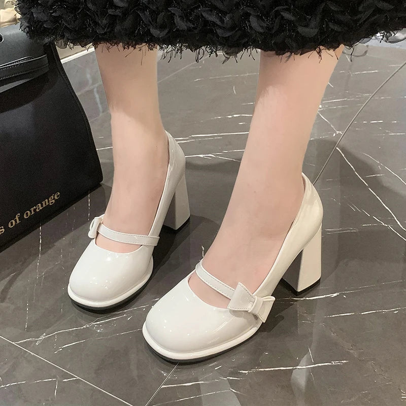 Aiertu Sweet Bowknot High Heels Mary Janes Women Cute Round Toe Patent Leather Pumps Woman Slip-On Square Heeled Bow Party Shoes Ladies Aiertu