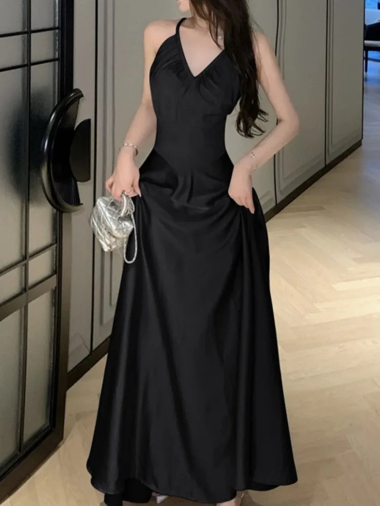 Aiertu Sleeveless Casual Women Summer Halter Midi Dress Satin A-Line Solid Chic Party Sexy Evening Club Birthday Clothes Female Vestido Aiertu