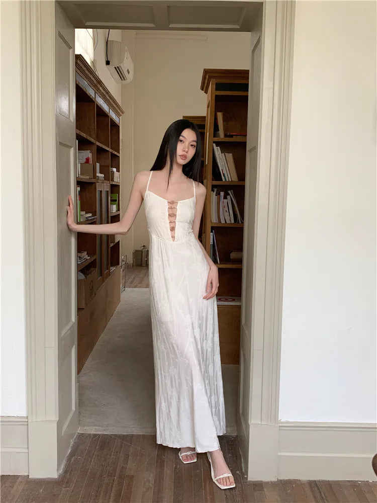 AIERTU  -  Women Dress New Chinese Style Patterned Chest Bead Hollow Out Backless Sleeveless High Waist Slim Vacation Sling Long Dresses Aiertu