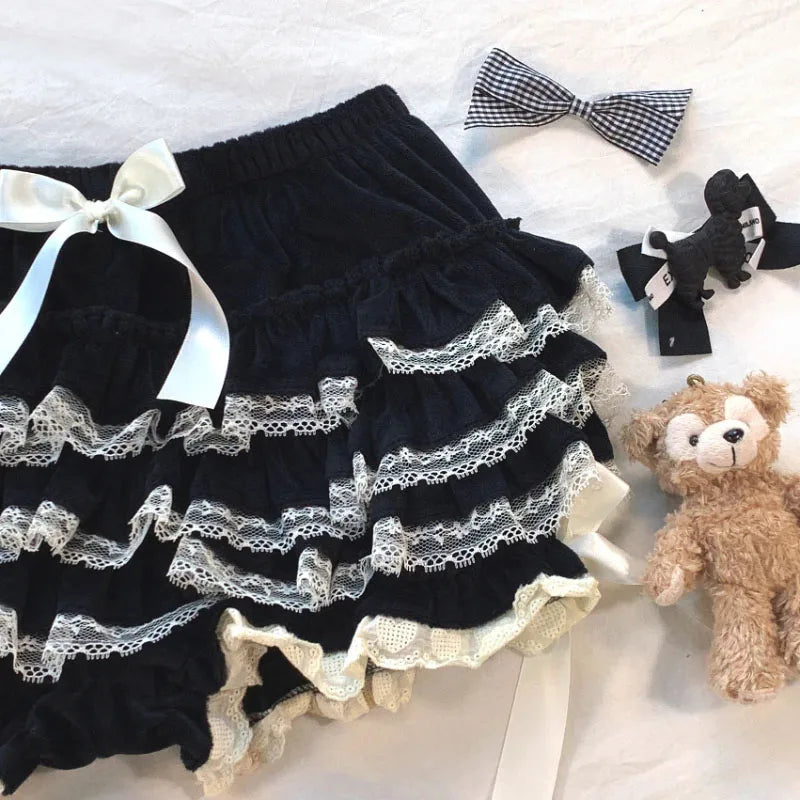 Autumn Winter Warm Lolita Safety Short Pants Women Sweet Chic Plush Bloomers Japanese Y2k Lace Bow Knickers Harajuku Cute Shorts Aiertu